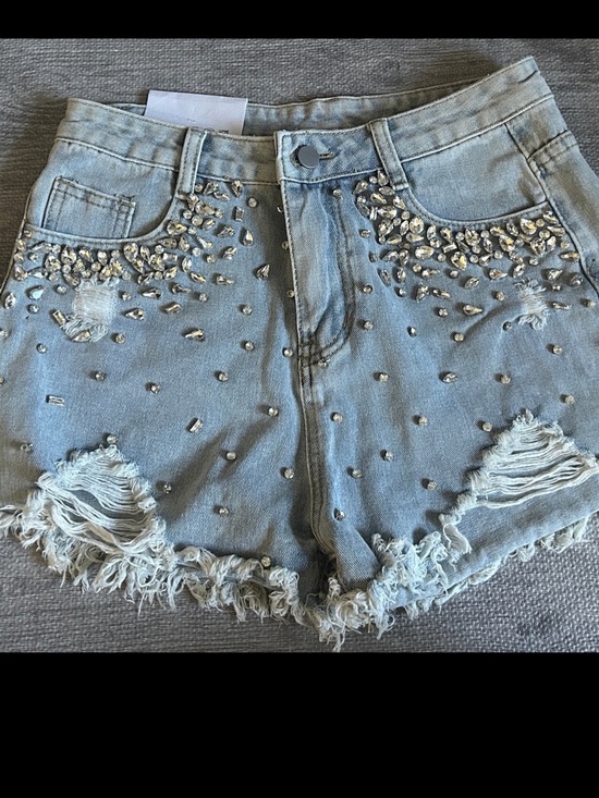 Pants - Embellished Light Blue Denim Shorts